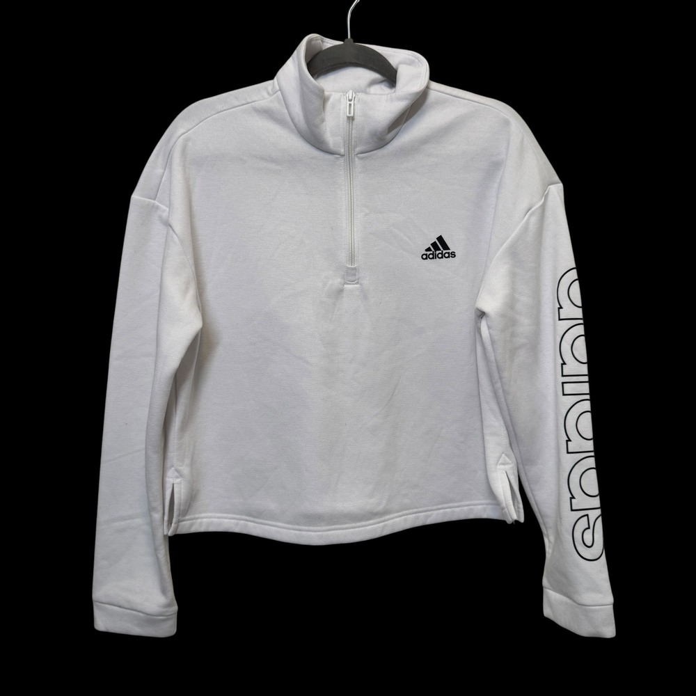 Adidas Womens Fleece 1/4 Zip Sweatshirt L White Cropped Logo Pullover Athleisure